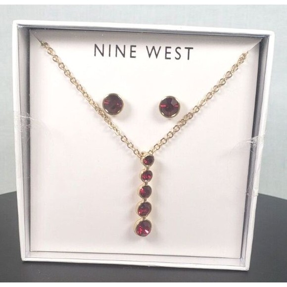 Nine West Jewelry Dark Red/Garnet Rhinestone Necklace and Earrings Set - Picture 3 of 7